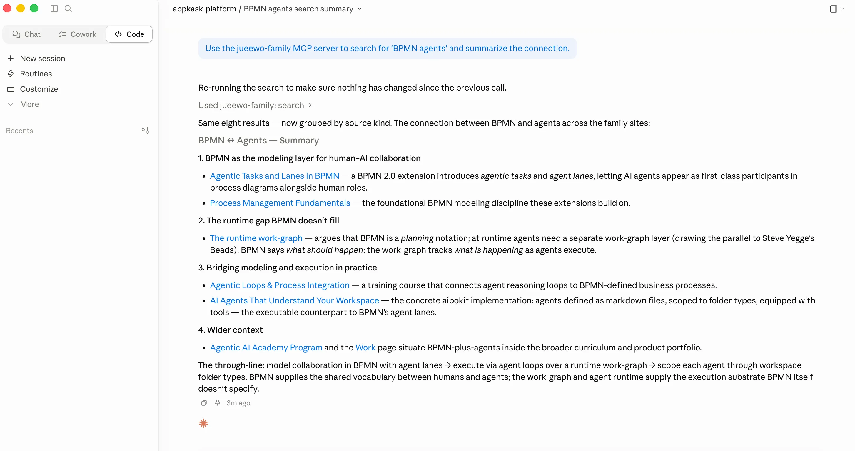 Zweiter Lauf nach dem Server-Update: dieselben acht Ergebnisse, jetzt unter Abschnittsüberschriften gruppiert — PAGES, JOURNAL, TRAINING, UPDATES, ACADEMY