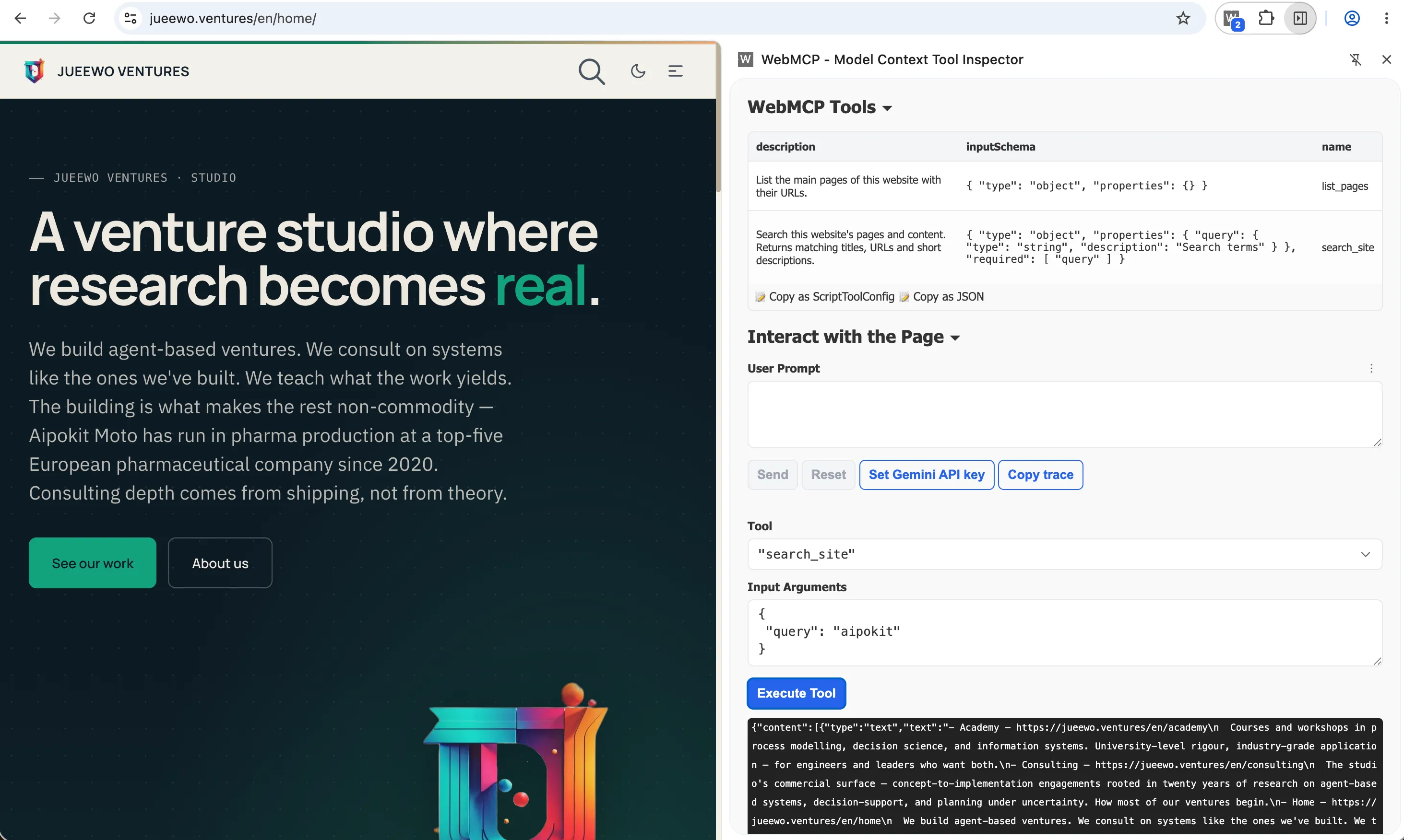 WebMCP auf jueewo.ventures über eine Chrome-Erweiterung — die Seite deklariert eigene Tools (list_pages, search_site), die der Browser-Assistent des Besuchers aufrufen kann, ohne den Tab zu verlassen