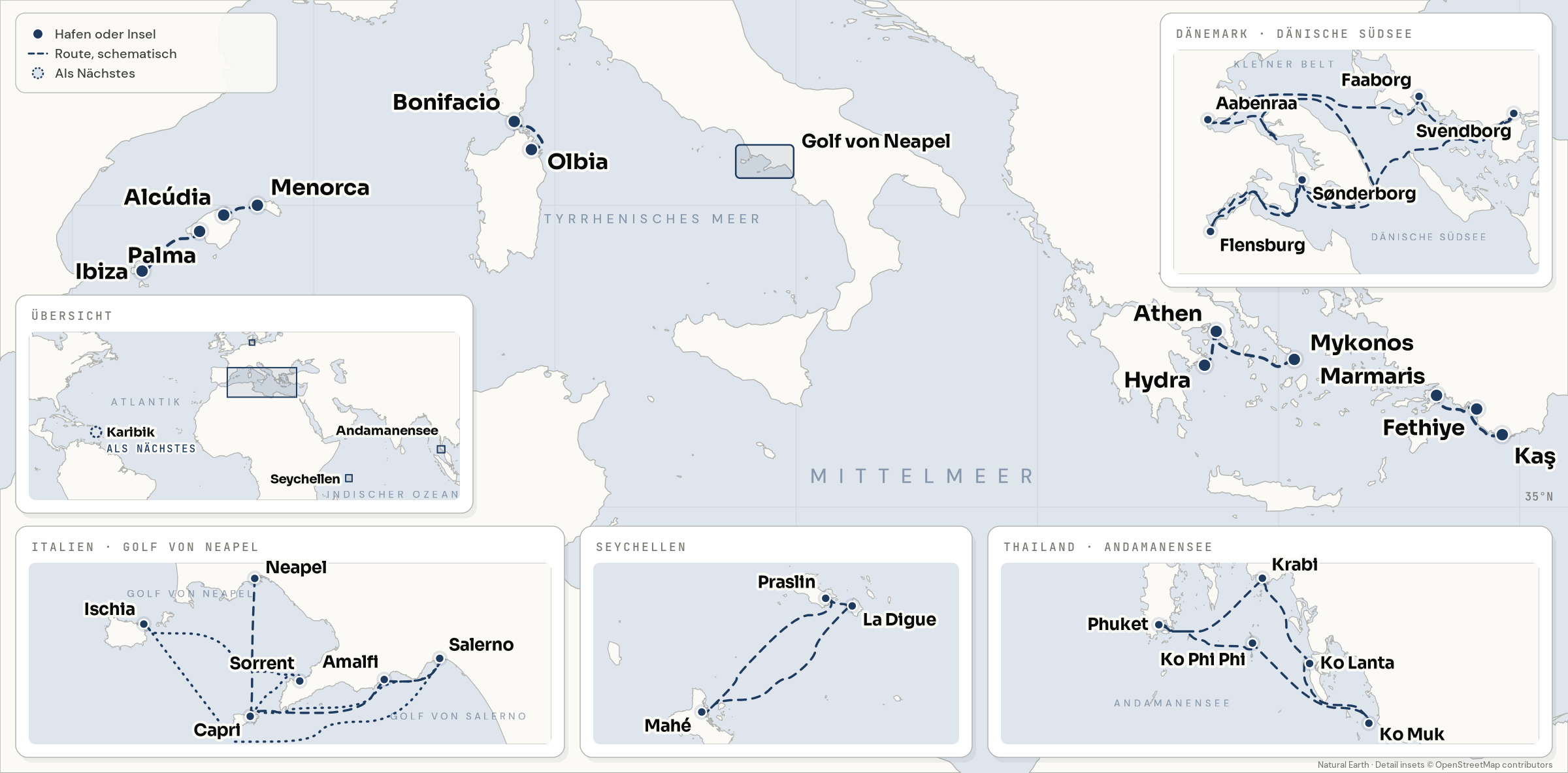 Karte der Segelreviere: die Balearen, Olbia und Bonifacio, der Golf von Neapel, Athen, Hydra und Mykonos, Fethiye, Marmaris und Kaş. Detailkarten für die Dänische Südsee, den Golf von Neapel, die Seychellen und die Andamanensee, eine Übersicht mit der Karibik als nächstem Revier.
