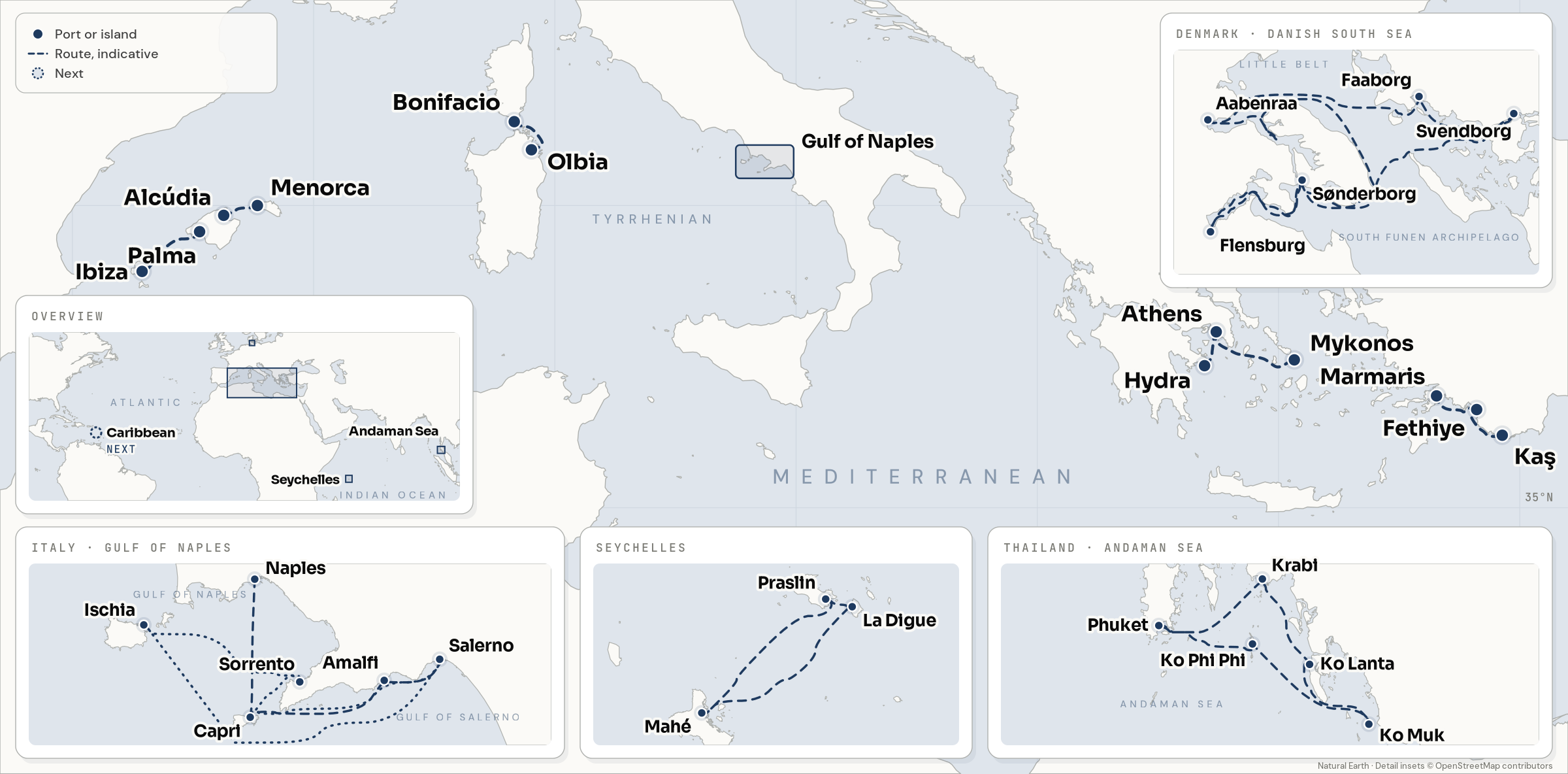 Map of the sailing areas: the Balearics, Olbia and Bonifacio, the Gulf of Naples, Athens, Hydra and Mykonos, Fethiye, Marmaris and Kaş. Insets for the Danish South Sea, the Gulf of Naples, the Seychelles and the Andaman Sea, an overview with the Caribbean as the next area.